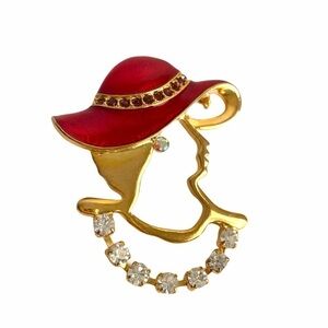 Vintage Red Hat Brooch Female Silhouette